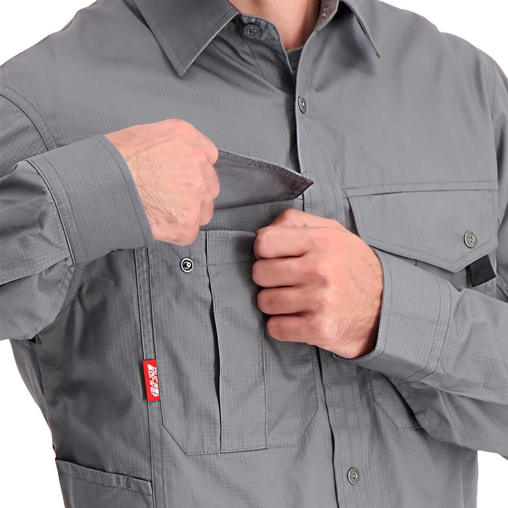 DuraDrive Men's HERO RED LABEL Grey Ripstop Long Sleeve Work Shirt - Image 5