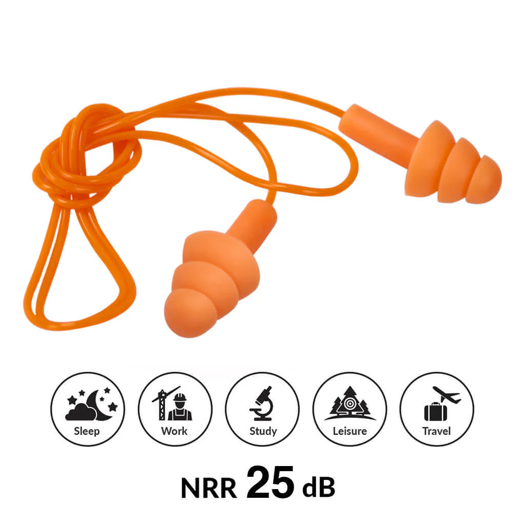 DuraDrive Orange Reusable Corded Triple-Flange Silicone Earplug with 25 dB NRR (100-Pair) - Image 4