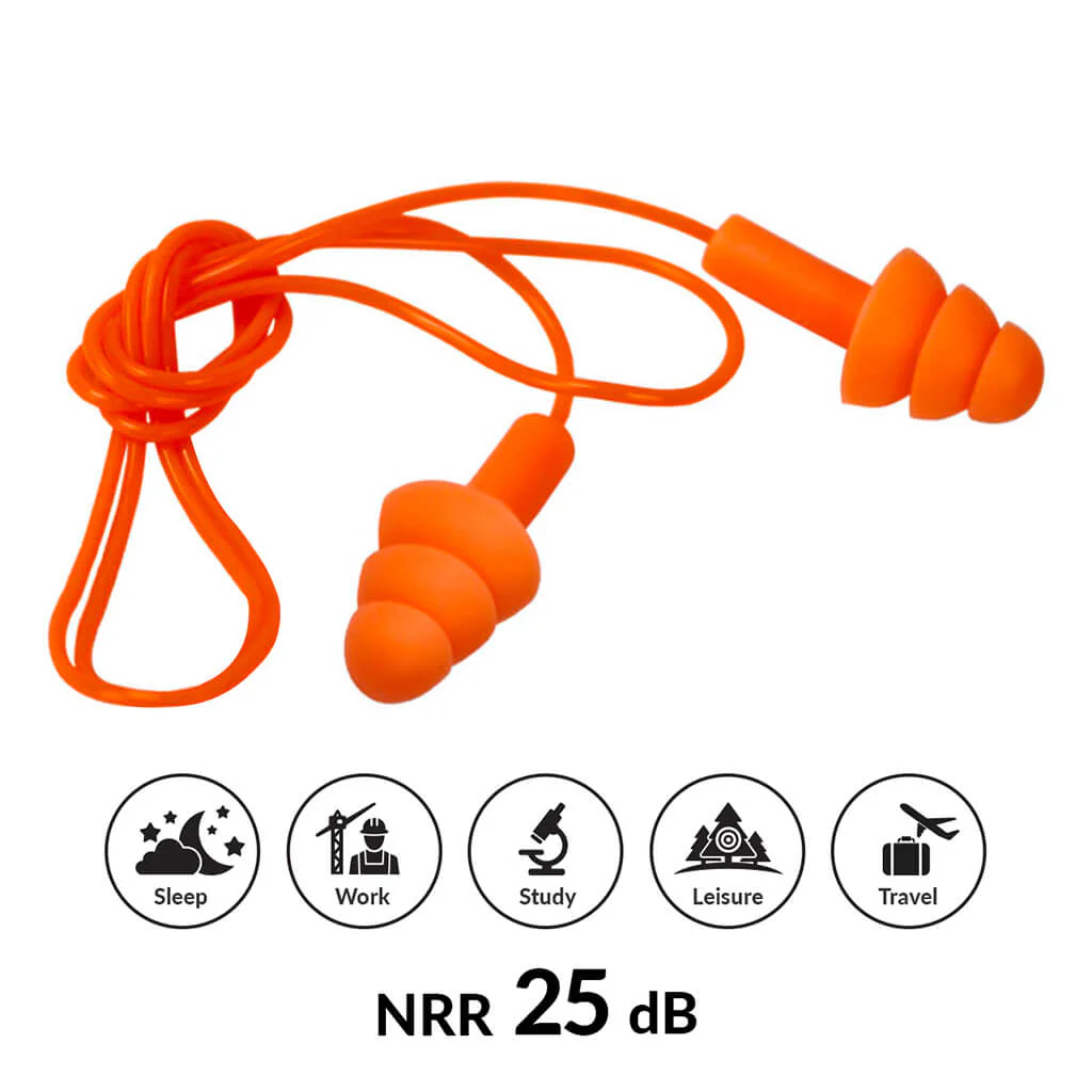 DuraDrive Orange Reusable Corded Triple-Flange Silicone Earplug with 25 dB NRR (200-Pair) - Image 4